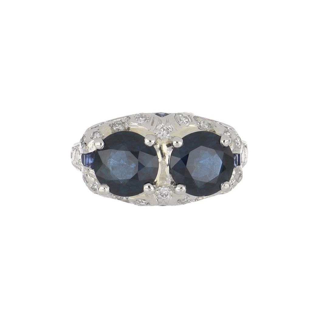 Art Deco Platinum Twin Stone Sapphire and Diamond Ring