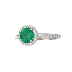 Estate 14K White Gold Emerald Ring with Diamond Halo