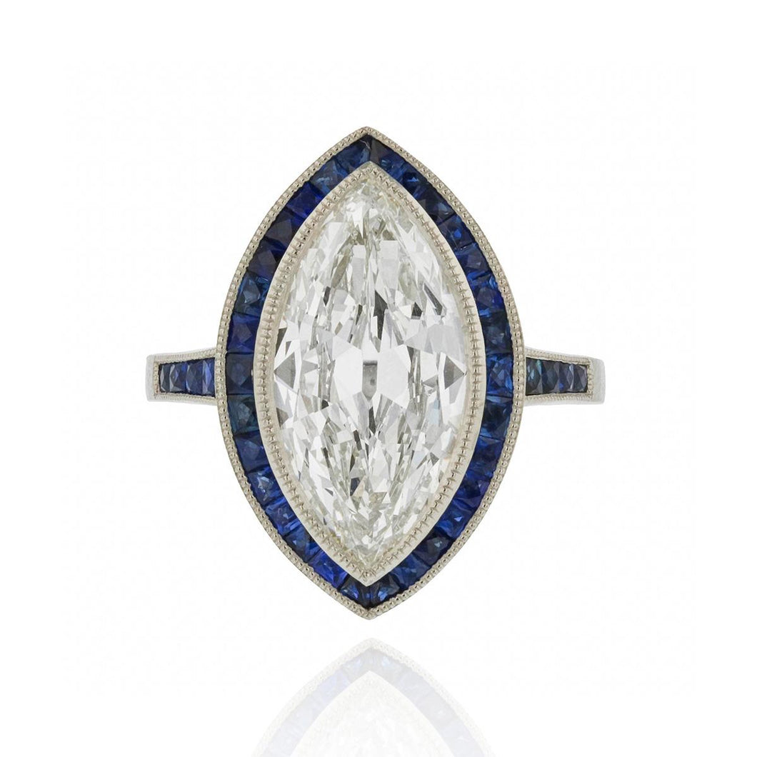 Bespoke Platinum Marquise Diamond and Sapphire Ring