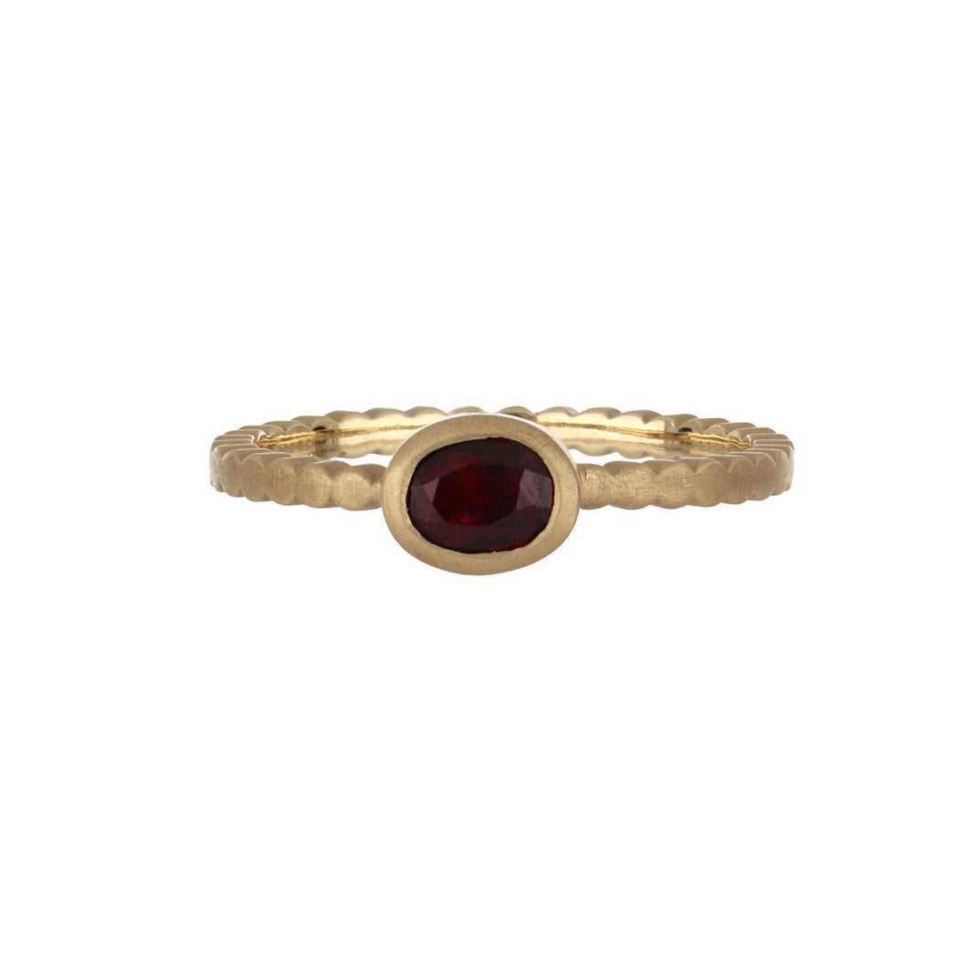 Stackable 14K Gold Matte Scalloped Bezel-Set East-West Oval Ruby Ring