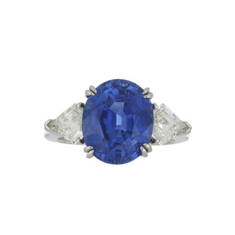 Estate Platinum Oval Ceylon Sapphire Ring with Kite Shaped Diamonds