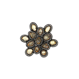 14K Gold and Sterling Silver Golden Sapphire and Diamond Cluster Ring
