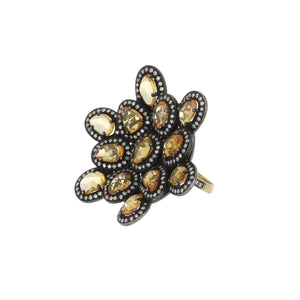 14K Gold and Sterling Silver Golden Sapphire and Diamond Cluster Ring