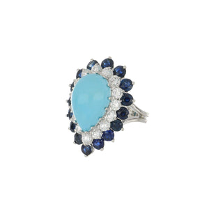 Mid-Century 18K White Gold Ring with Turquoise Sapphires and Diamonds