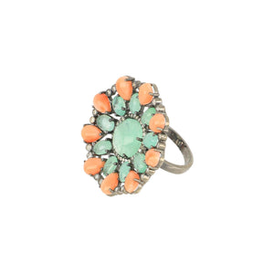 Sterling Silver Aquamarine Coral and Diamond Cluster Ring