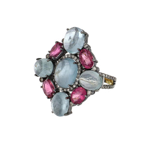 Sterling Silver and 14K Gold Chatoyant Aquamarine and Pink Tourmaline Ring