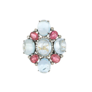 Sterling Silver and 14K Gold Cabochon Aquamarine and Pink Tourmaline Ring