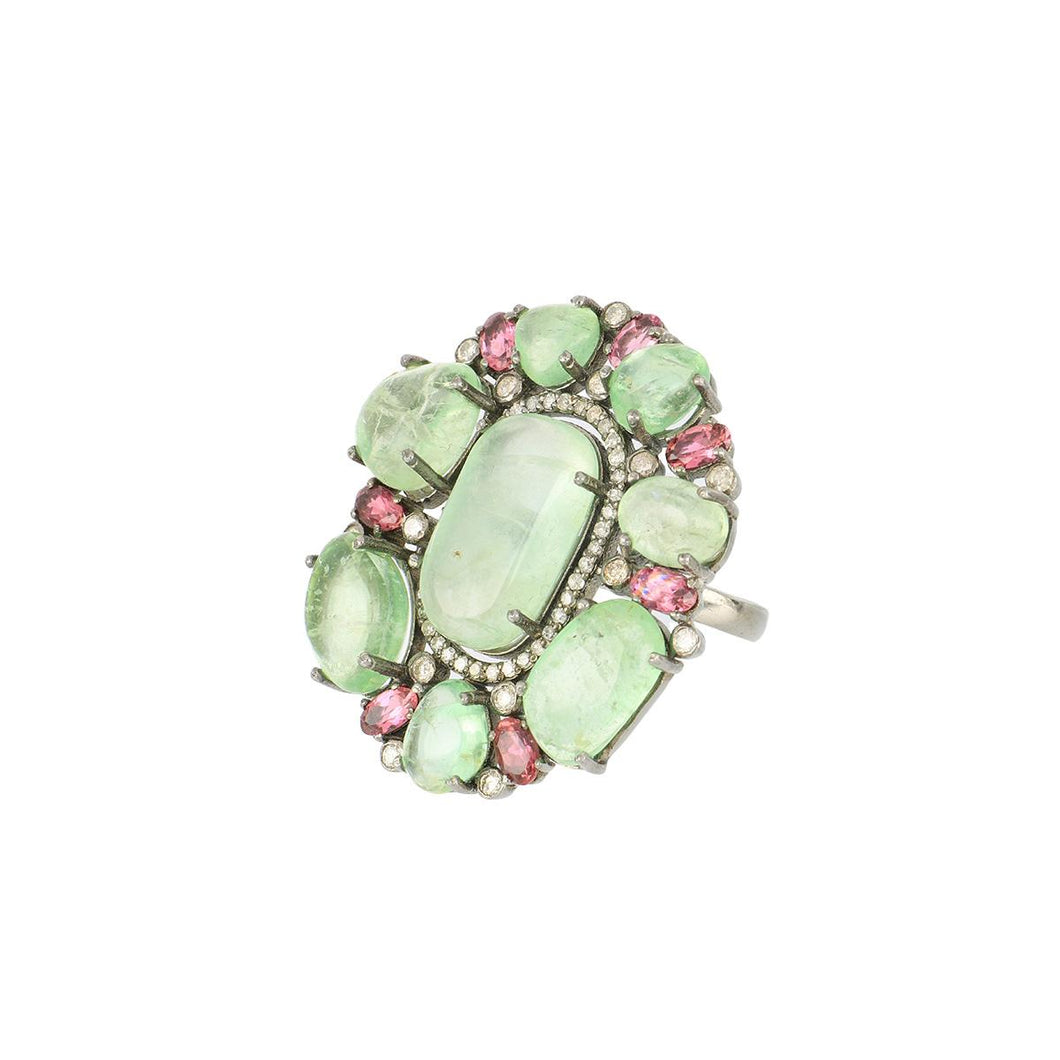 Sterling Silver and 14K Gold Cabochon Green Beryl  Pink Tourmaline and Diamond Ring