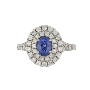 18K White Gold Oval Sapphire Ring with Double Diamond Halo