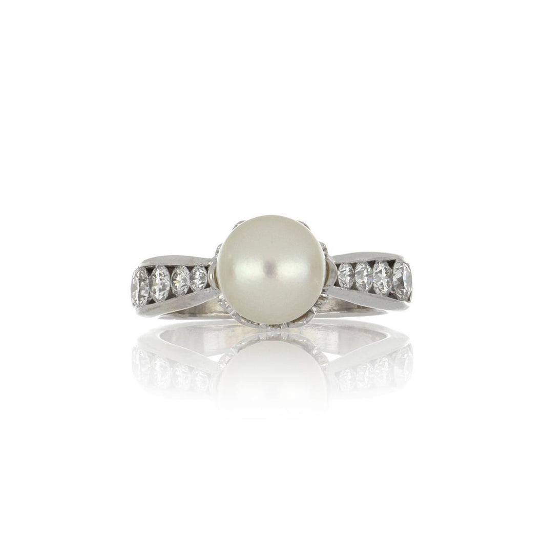 Estate 18K White Gold Akoya Pearl Ring with Diamonds