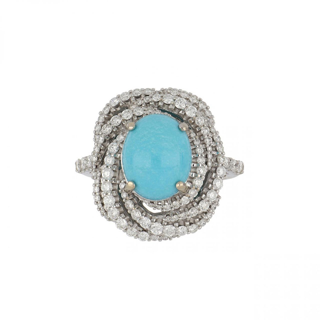 Estate 18K White Gold Cabochon Turquoise Ring with Diamond Frame