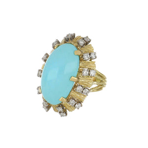 Vintage 1970s 18K Gold Cabochon Turquoise Cluster Ring with Bark Finish and Diamonds