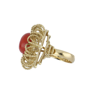 Mid-Century 18K Gold Coral Ring with Twist Wire-work Frame