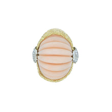 Load image into Gallery viewer, Vintage 1980s 18K Gold Ring with Fluted Angel Skin Coral and Diamonds
