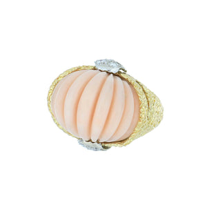 Vintage 1980s 18K Gold Ring with Fluted Angel Skin Coral and Diamonds