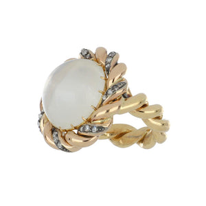 Antique Victorian 18K Gold Moonstone Ring with Rose-Cut Diamonds