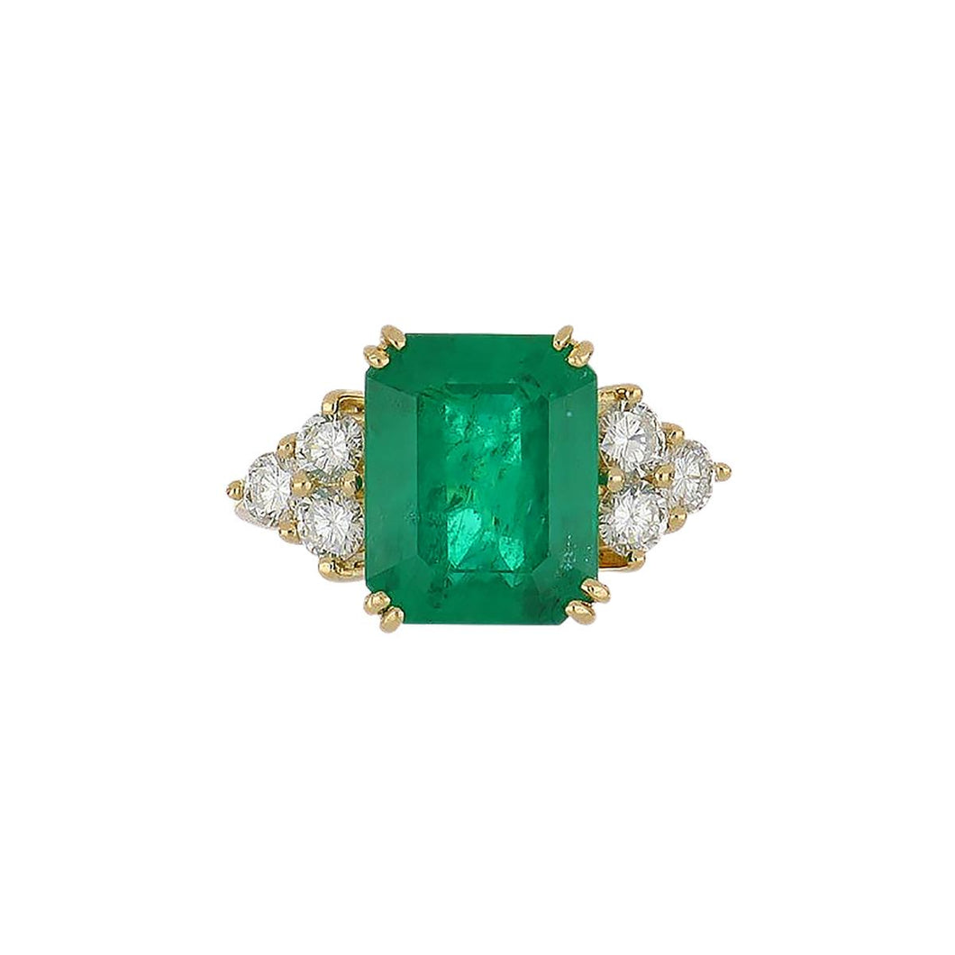 Estate 18K Gold Rectangular Emerald and Diamond Ring