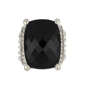 Estate David Yurman Sterling Silver Faceted Black Onyx Ring with Diamonds