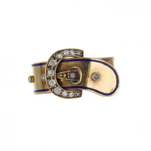 Load image into Gallery viewer, Antique Victorian 14K Gold Garter Buckle Ring with Blue Enamel with Diamonds
