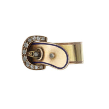 Load image into Gallery viewer, Antique Victorian 14K Gold Garter Buckle Ring with Blue Enamel with Diamonds
