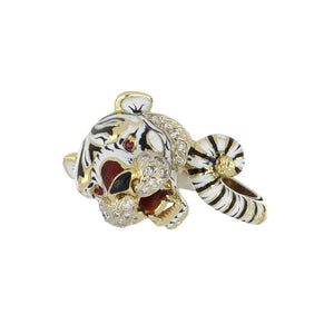Vintage 1980s 18K Gold Tiger Ring with Black, White, and Red Enamel and Diamonds