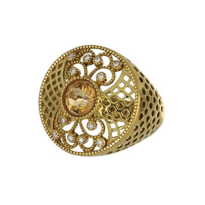 18K Gold Round Openwork Citrine Ring with Diamonds
