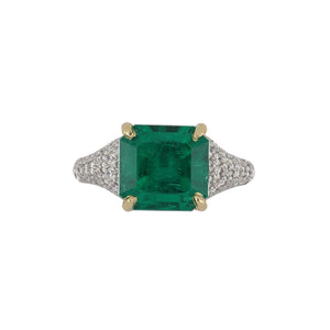 Bespoke Platinum Colombian Emerald Ring with Pave Diamonds
