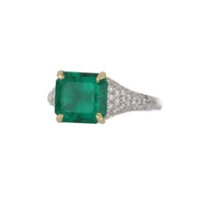 Load image into Gallery viewer, Bespoke Platinum Colombian Emerald Ring with Pave Diamonds
