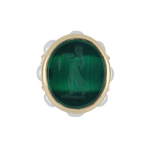 Vintage 1990s 18K Gold Green Chalcedony Intaglio Ring with Pearls