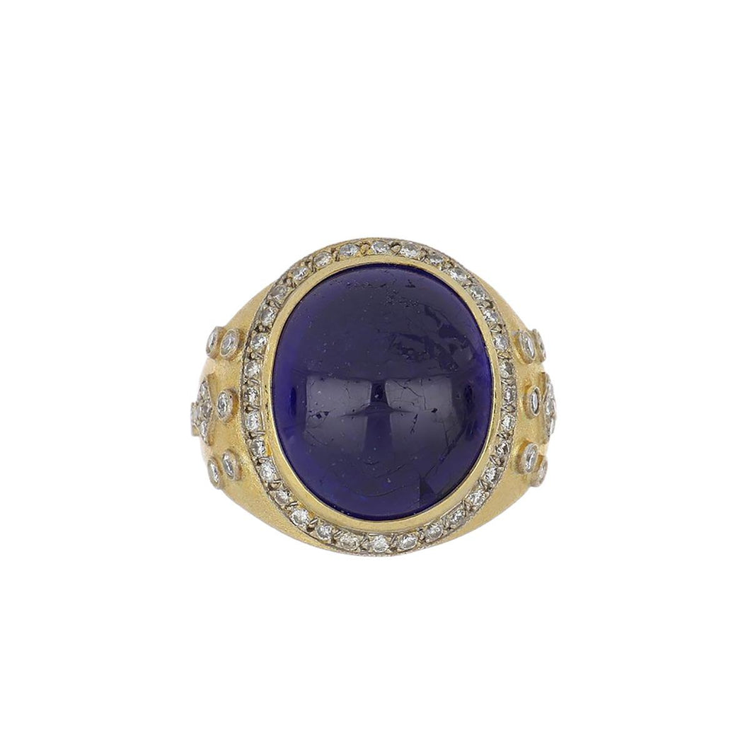 Vintage 1980s 18K Gold Matte Finish Cabochon Blue Stone Ring with Diamonds