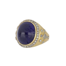 Load image into Gallery viewer, Vintage 1980s 18K Gold Matte Finish Cabochon Blue Stone Ring with Diamonds
