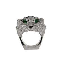 Load image into Gallery viewer, Masterpiece Estate Cartier 18K White Gold Diamond Panthère de Cartier Ring with Emerald &amp; Onyx 
