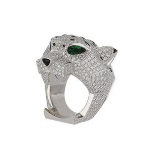 Masterpiece Estate Cartier 18K White Gold Diamond Panthère de Cartier Ring with Emerald & Onyx 