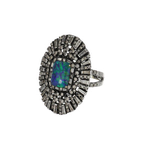Estate Sterling Silver Doublet Opal Ring with Diamonds