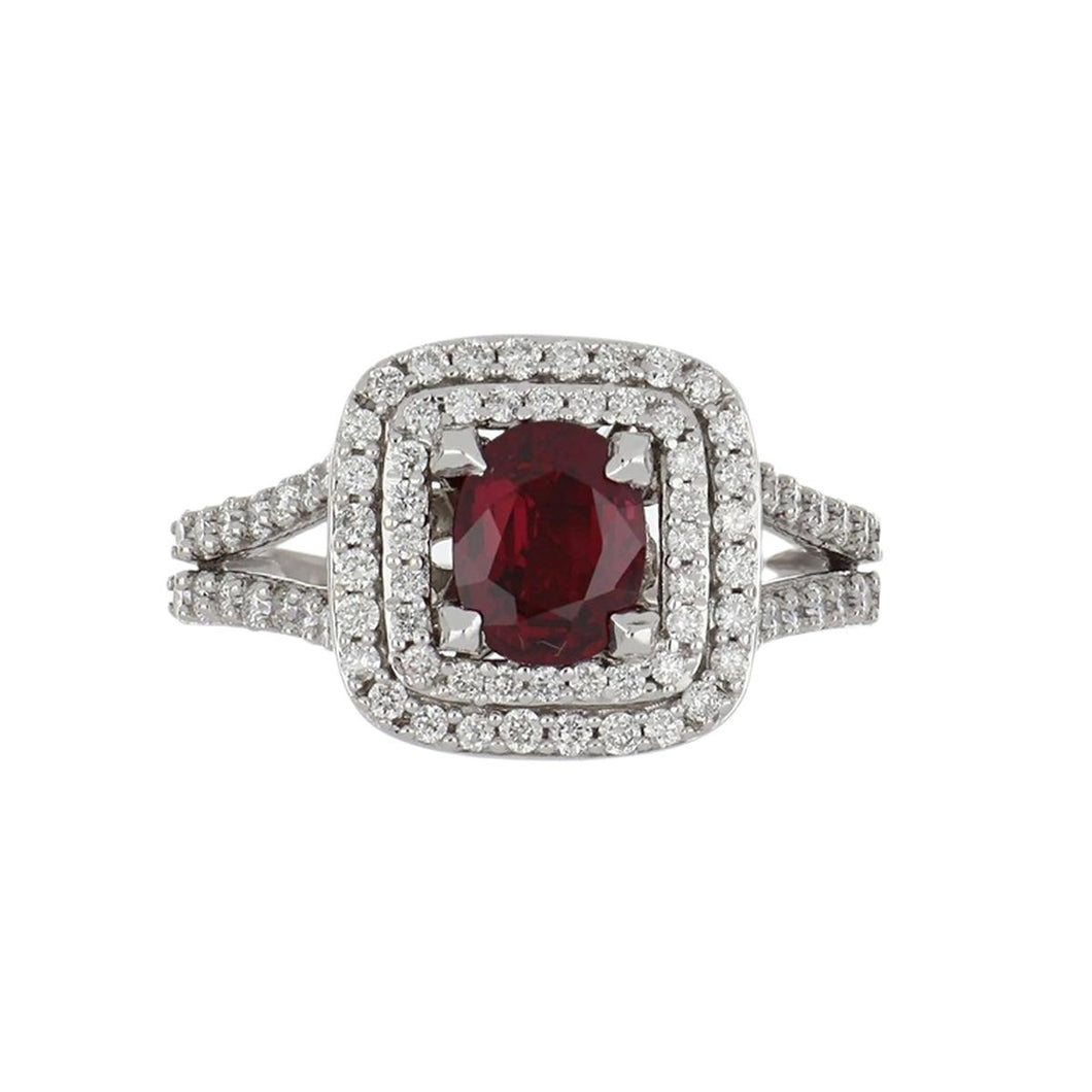 14K White Gold Ruby and Double Halo Diamond Ring