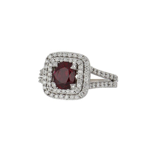 14K White Gold Ruby and Double Halo Diamond Ring