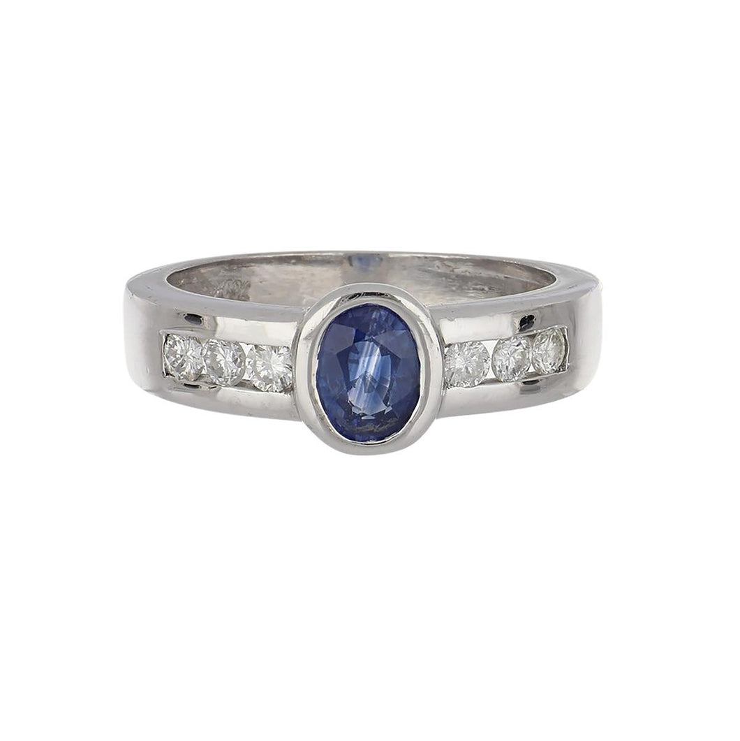 Estate 18K Whie Gold Oval Sapphire and Diamond Ring
