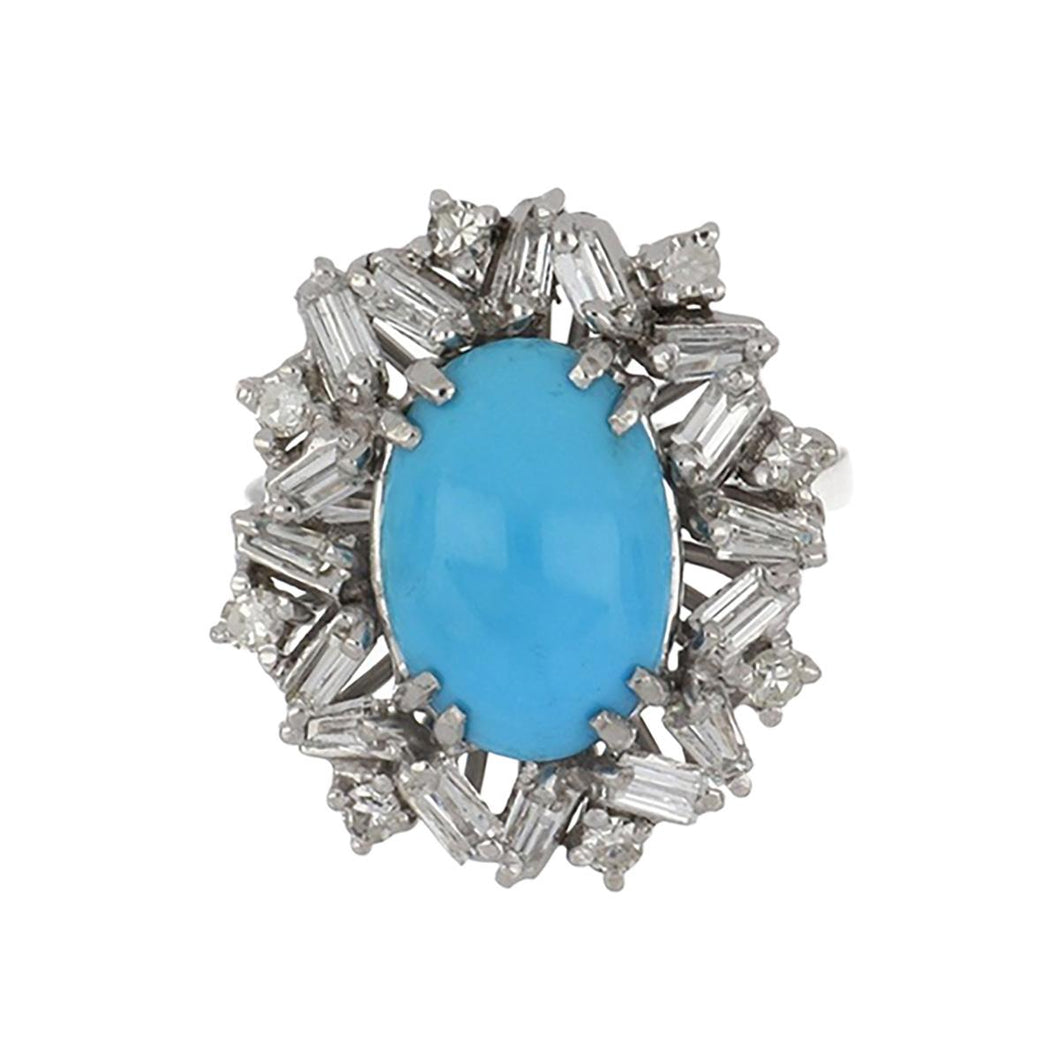 Mid-Century 14K White Gold Turquoise and Diamond Cluster Ring