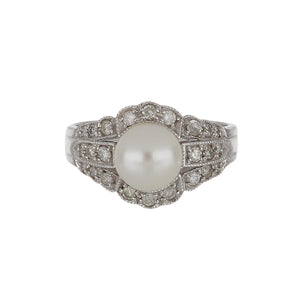 Estate 14K White Gold Pearl and Diamond Ring