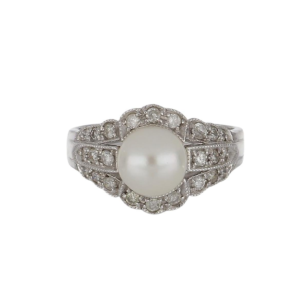 Estate 14K White Gold Pearl and Diamond Ring