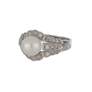 Estate 14K White Gold Pearl and Diamond Ring