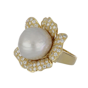 Vintage 18K Gold Baroque Pearl and Diamond Flower Ring