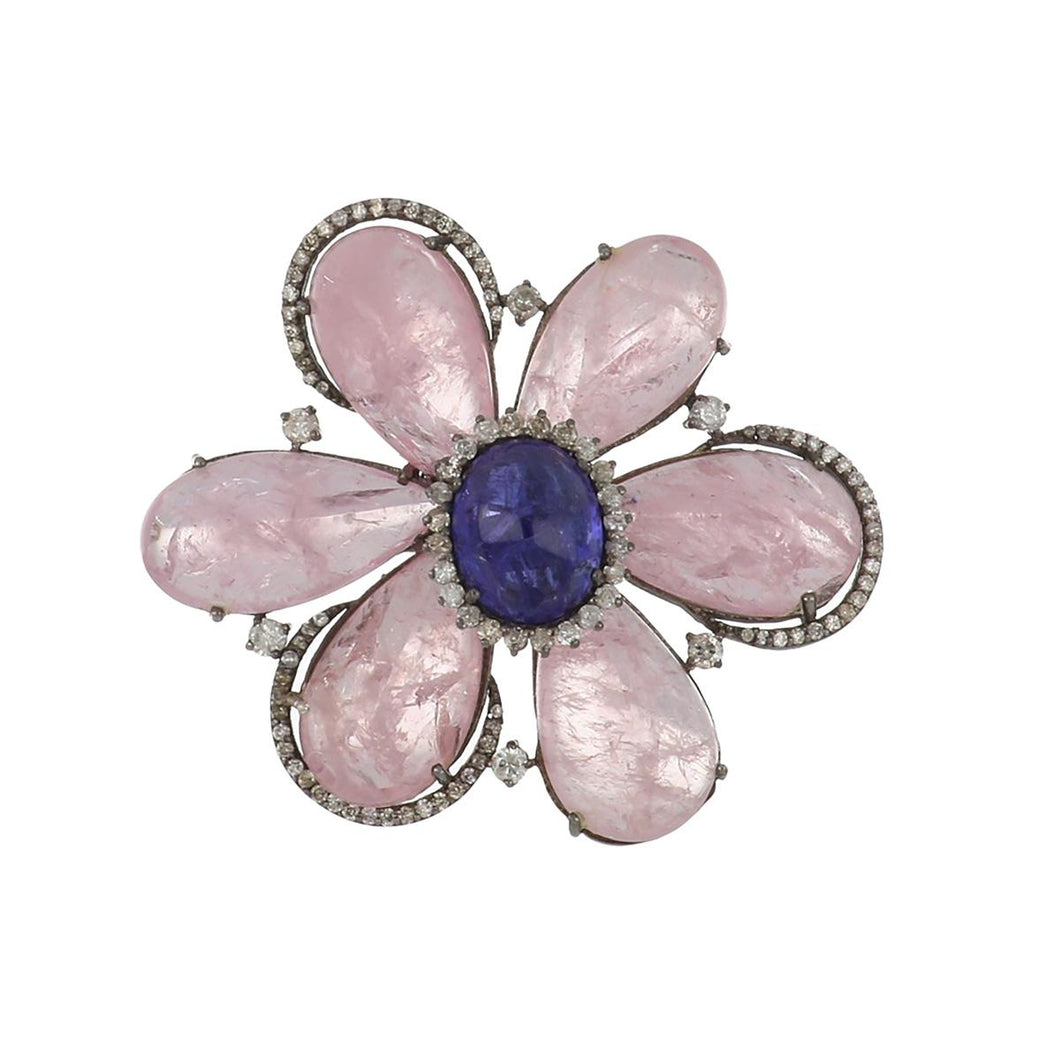 Sterling Silver Rose Quartz & Tanzanite Flower Ring