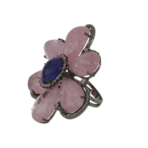 Sterling Silver Rose Quartz & Tanzanite Flower Ring