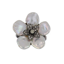 Load image into Gallery viewer, Sterling Silver  Pearl and Diamond Flower Ring
