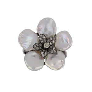 Sterling Silver  Pearl and Diamond Flower Ring
