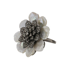 Sterling Silver Pearl and Diamond Oversized Cluster Ring