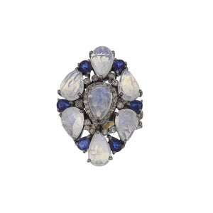 Sterling Silver Moonstone, Sapphire, and Diamond Ring