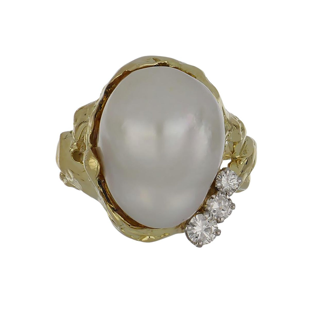 Vintage 1970s Boris LeBeau 18K Gold Baroque South Sea Pearl Ring