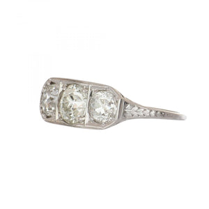 Art Deco 18K White Gold Three Stone Diamond Ring